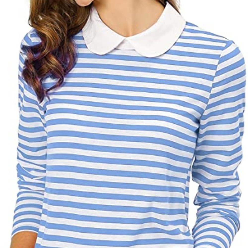 Allegra K Women's Long Sleeves Peter Pan Contrast Striped Blouse Top - Picture 3 of 5